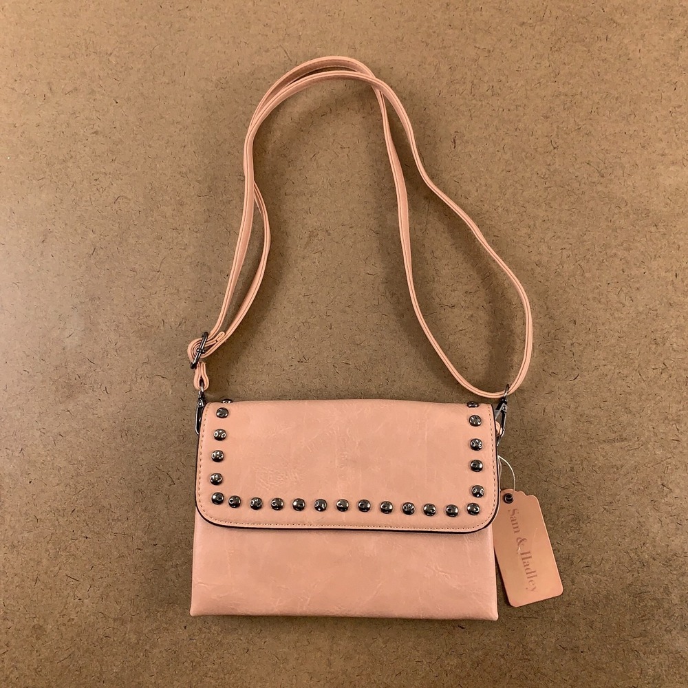 Sam & Hadley Women's Pink Faux Leather Studded-Flap Crossbody Bag NWT
